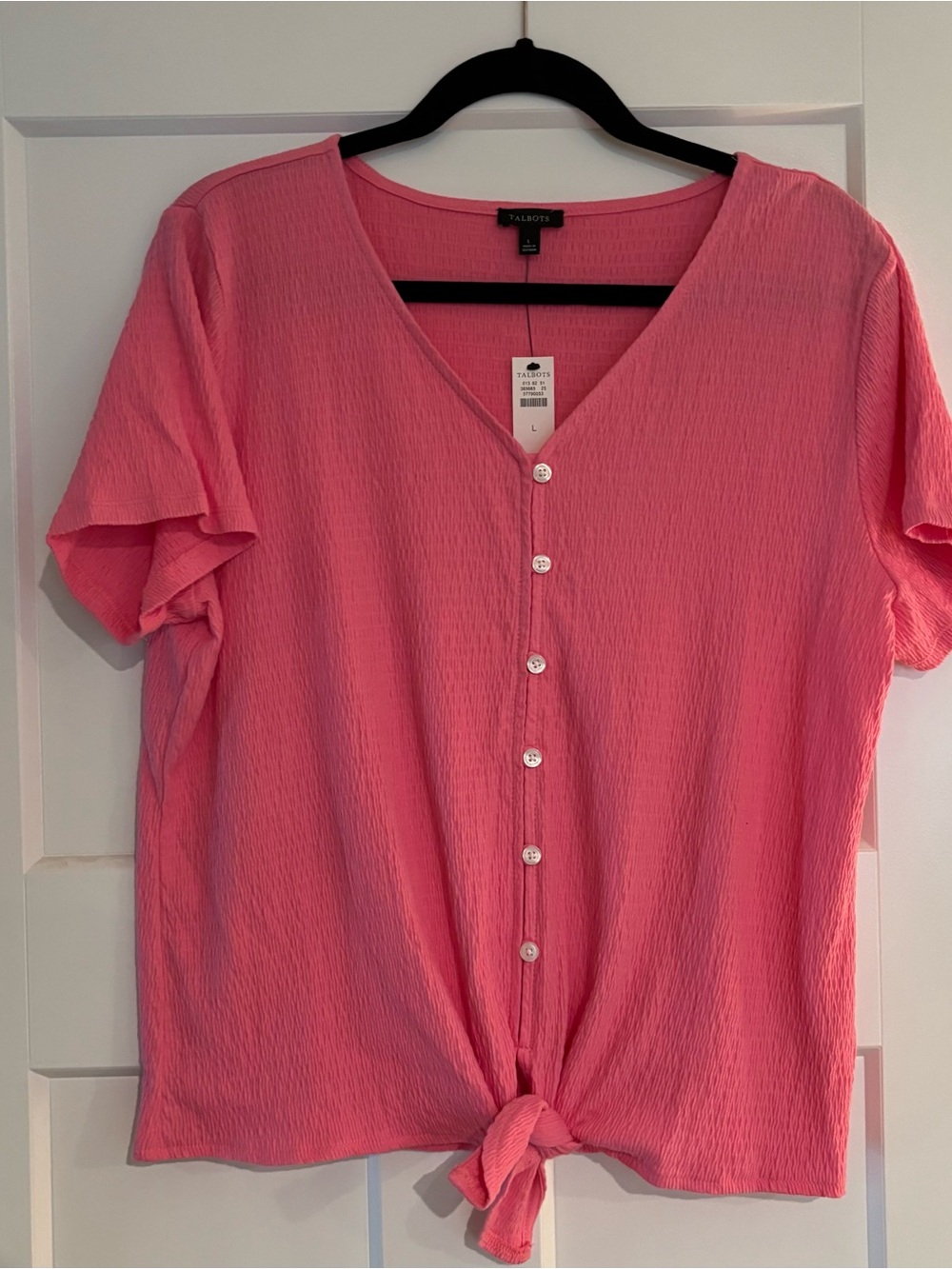 Talbots Pink Button-Front Tie Hem Short Sleeve Top NWT